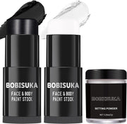 BOBISUKA Black White Face Paint Stick with Setting Powder Set, Eye Black Sticks for Sports, Body Paints for Clown Skeleton Vampire Skull Cosplay Special Effects Costume SFX Halloween Makeup Kit - Black,White with Setting Powder