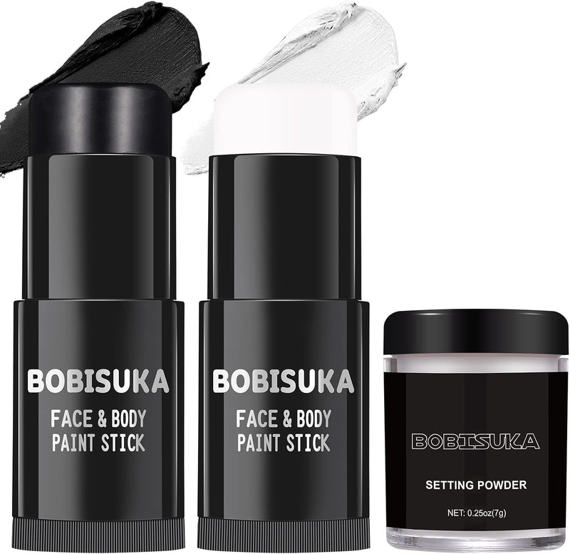 BOBISUKA Black White Face Paint Stick with Setting Powder Set, Eye Black Sticks for Sports, Body Paints for Clown Skeleton Vampire Skull Cosplay Special Effects Costume SFX Halloween Makeup Kit - Black,White with Setting Powder