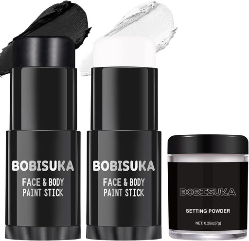 BOBISUKA Black White Face Paint Stick with Setting Powder Set, Eye Black Sticks for Sports, Body Paints for Clown Skeleton Vampire Skull Cosplay Special Effects Costume SFX Halloween Makeup Kit - Black,White with Setting Powder