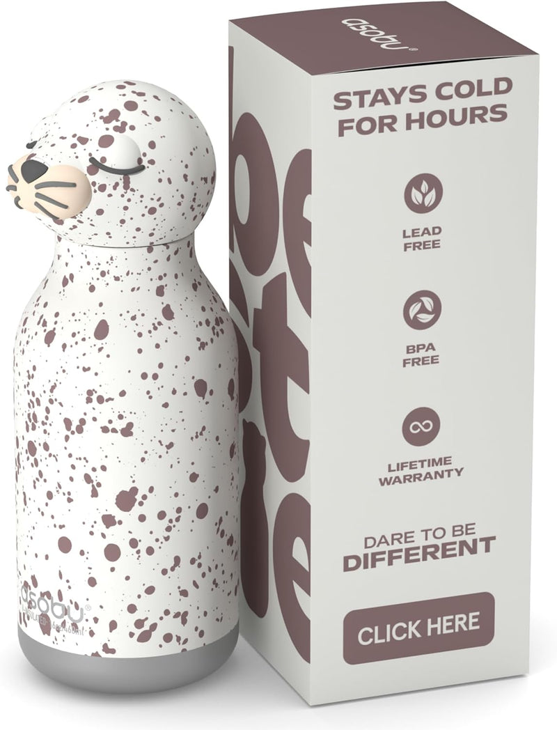 Bestie Bottle Insulated Stainless Steel Water Bottle with Detachable Soft Animal Head Fun Drinking for Kids and Teens with Flexible Reusable Straw 16 Ounce (Dinosaur) - Seal White Bottle