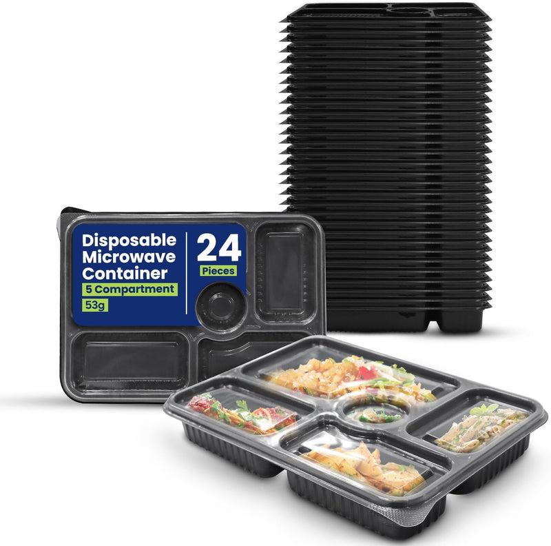 SNH Packing 24 Pieces Microwave Disposable Container With Lid Rectangular - 3 Compartment Meal Prep Container Set - Plastic Container For Kitchen Food Storage - Take Away Containers For Lunch Boxes - 5 Compartment