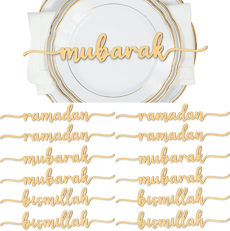 Queekay 12 Pieces Ramadan Wood Sign Ramadan Mubarak Plate Setting Plate Sign Ramadan Kareem Wooden Ornament Islamic Table Decor for Eid Ramadan Islamic Home Party Decor (Classic Style,10 x 1.6 Inch) - Classic