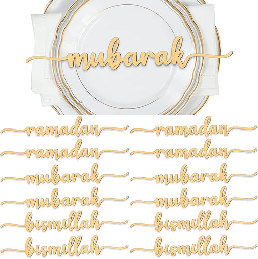 Queekay 12 Pieces Ramadan Wood Sign Ramadan Mubarak Plate Setting Plate Sign Ramadan Kareem Wooden Ornament Islamic Table Decor for Eid Ramadan Islamic Home Party Decor (Classic Style,10 x 1.6 Inch) - Classic