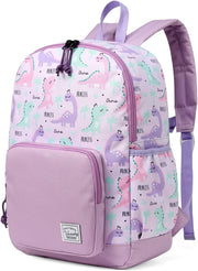 Children's Backpack, Lightweight School Bag for Girls Boys Primary Kindergarten 4-6 Years Waterproof Cute Backpack for A4 Folder Preschool Travel with Chest Strap - Purple Dinos