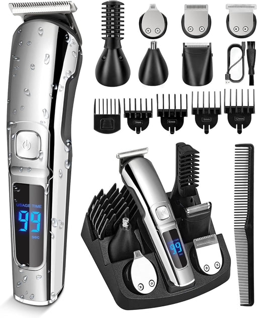 SKY-TOUCH Beard Trimmer & Hair Clipper for Men, 13-Piece All-in-One Grooming Kit, Electric Shaver, Nose & Ear Trimmer, Rechargeable Cord/Cordless Haircutting Set with Storage Base Gifts for Men(Black)