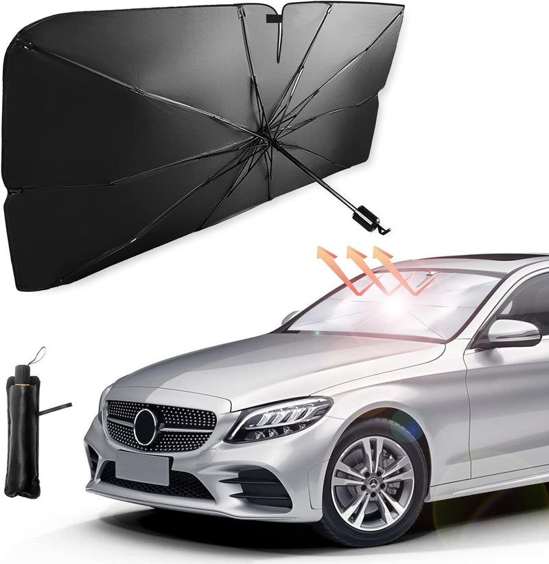 SKY-TOUCH Car Windshield Sun Shade Umbrella,UV Sunshade Umbrella Windshield Block Cover,Foldable Sun Visor Windshields Sun Shade Cover for Most with Leather storage pocket 140 80cm