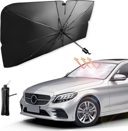 SKY-TOUCH Car Windshield Sun Shade Umbrella,UV Sunshade Umbrella Windshield Block Cover,Foldable Sun Visor Windshields Sun Shade Cover for Most with Leather storage pocket 140 80cm