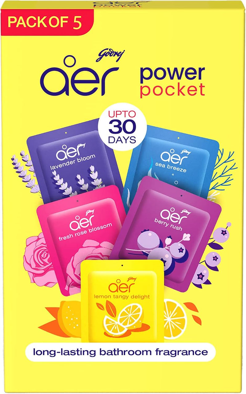 Godrej aer Power Pocket Air Freshener- Bathroom And Toilet Lasts Up To 30 Days Assorted Pack Of 5 (50G), Multicolour, 40017848 - Floral 10 g (Pack of 5)