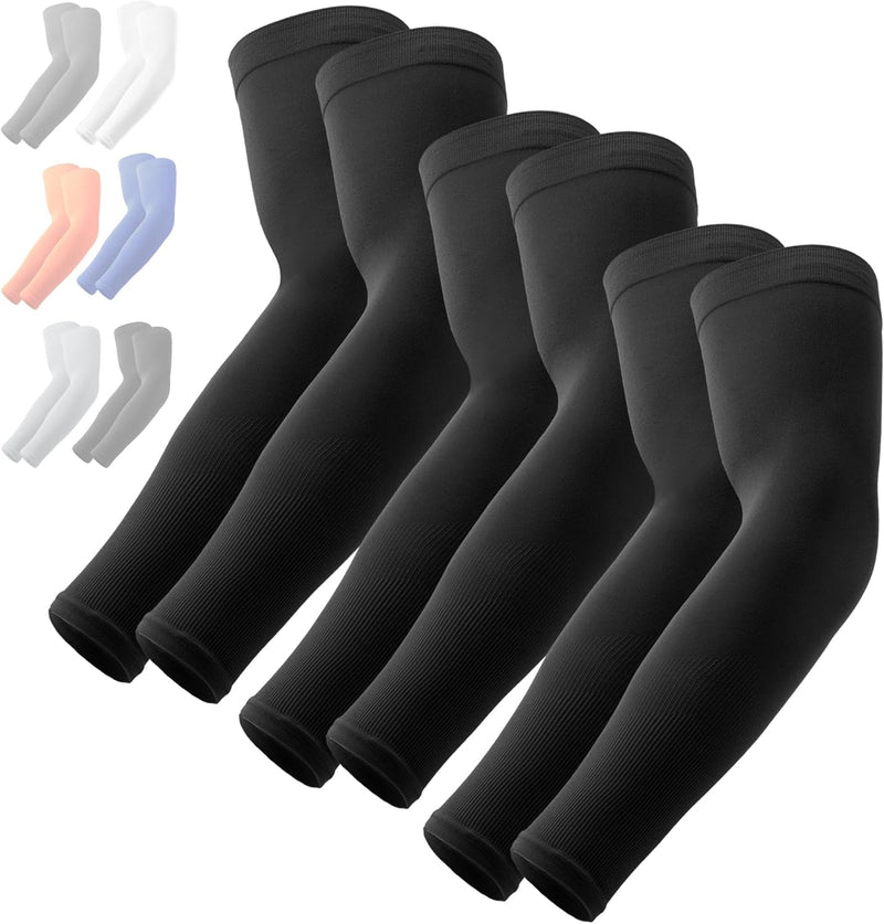 OutdoorEssentials UV Sun Protection Arm Sleeves - Compression Arm Sleeve, UV Arm Sleeves Men, Women - Golf Cooling Sleeves - 3 Pairs: Black
