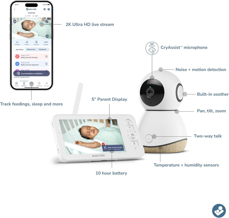 Maxi-Cosi See Pro 360 Baby Monitor with CryAssist™ AI Cry Translation, 2K HD camera with PTZ, Secure Non Wi-Fi 5 inch parent unit, 10 hour battery, 2.4GHz/5.0GHz WiFi, Soothing Lullabies, 2-way audio