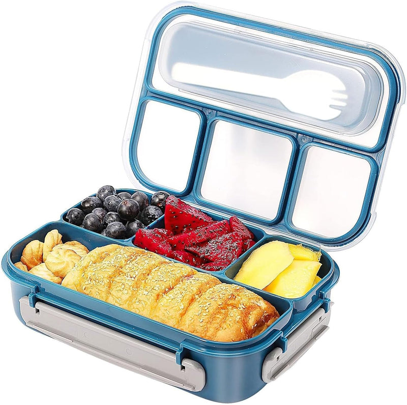 Bento Lunch Box 1300ML For Kids: 4-Compartment BPA-Free Leakproof Containers with Spoon - Microwave Dishwasher Safe - Stackable for Kids 4-16 Years Old In School - Blue