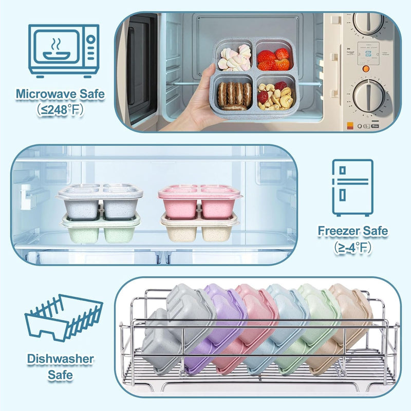 4-Pack Wheat Straw PP 4-Compartment Bento Lunch Box, Reusable Snack Box for Adults and Kids, Meal Prep Containers for School, Work, Travel, Freezer and Dishwasher Safe