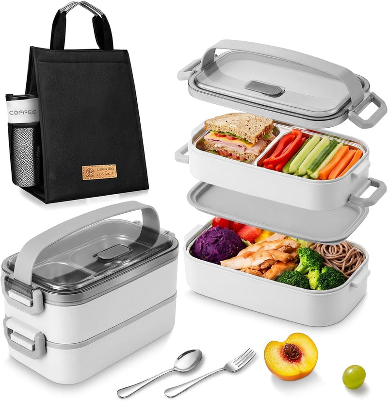 Stainless Steel Lunch Box: 1500ml 2 Layers 304 Microwave Safe Leakproof Bento Box - 3 Compartments Stackable Bento Lunch Box for Adults Students Office School Picnic (White, 2 Layers) - White 2 Layers