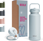950ml Water Bottle 18/8 Stainless Steel 304 Double Wall Insulated Thermos Bottle with Straw Lid and wide mouth, 2 lids included, Hot Cold Liquids Sports Bottle, 32oz - Ice Blue