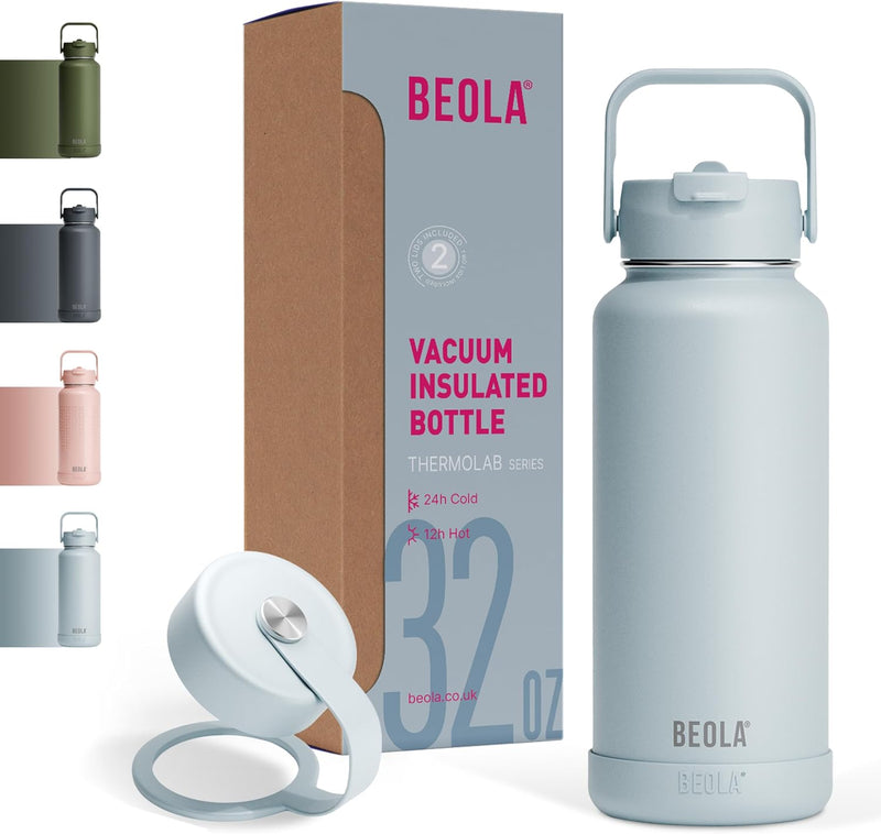 950ml Water Bottle 18/8 Stainless Steel 304 Double Wall Insulated Thermos Bottle with Straw Lid and wide mouth, 2 lids included, Hot Cold Liquids Sports Bottle, 32oz - Ice Blue