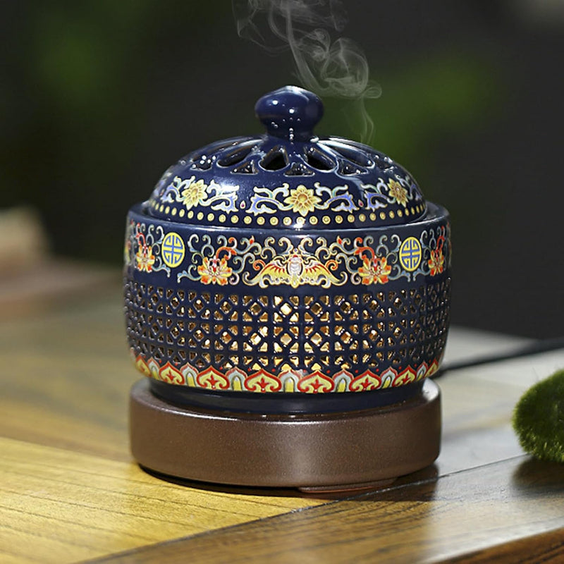 Ceramic Electric Incense Burner, Electronic Aroma Diffuser with Timing Temperature Adjustment and Cover, Resin Frankincense Burner, Used for Indoor Air Purification/Home Decoration/Meditation