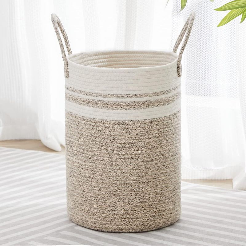 VIPOSCO Large Laundry Hamper, Tall Woven Rope Storage Basket for Blanket, Toys, Dirty Clothes in Living Room, Bathroom, Bedroom - 58L White & Brown - 30L Brown & White