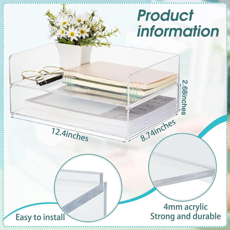 Yulejo Acrylic Desk Organizers and Accessories Tier Paper File Organizer Tray Stackable Document Clear Desk Accessories for Office Workspace Organization (315 x 222 x 137 mm/ 12.4 x 8.74 x 5.39 Inch)