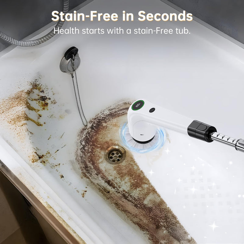 PUFTEM Electric Spin Scrubber, Cordless Shower Scrubber with 8 Scrub Brush, 2 Speed with Adjustable Extension Handle, Battery Level Display, Power Scrubber for Bathroom Bathtub Tile Floor, Black - Black