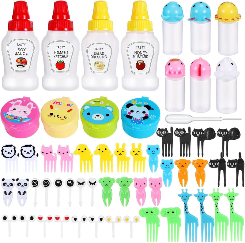 Kids Bento Box Accessories, 59-Piece Food Picks Set with Mini Condiment Bottles, Animal-Shaped Lunch Box Tools for School, Camping, Office, Includes Ketchup Dispensers, Soy Sauce Containers
