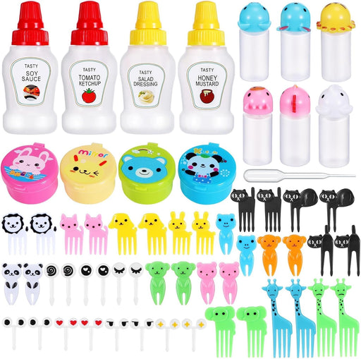 Kids Bento Box Accessories, 59-Piece Food Picks Set with Mini Condiment Bottles, Animal-Shaped Lunch Box Tools for School, Camping, Office, Includes Ketchup Dispensers, Soy Sauce Containers