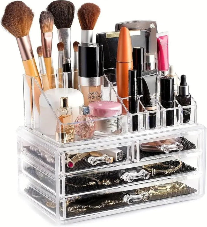 Goldedge Makeup Organizer Clear Acrylic Storage Case - 3 Drawers Plus Lipstick Makeup Brush Tray Top Section Jewelry Display Box Case