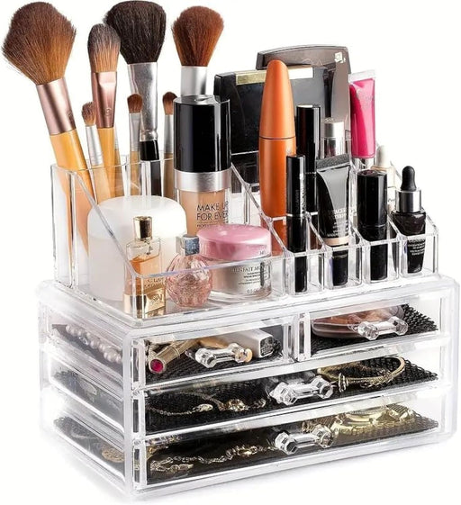Goldedge Makeup Organizer Clear Acrylic Storage Case - 3 Drawers Plus Lipstick Makeup Brush Tray Top Section Jewelry Display Box Case
