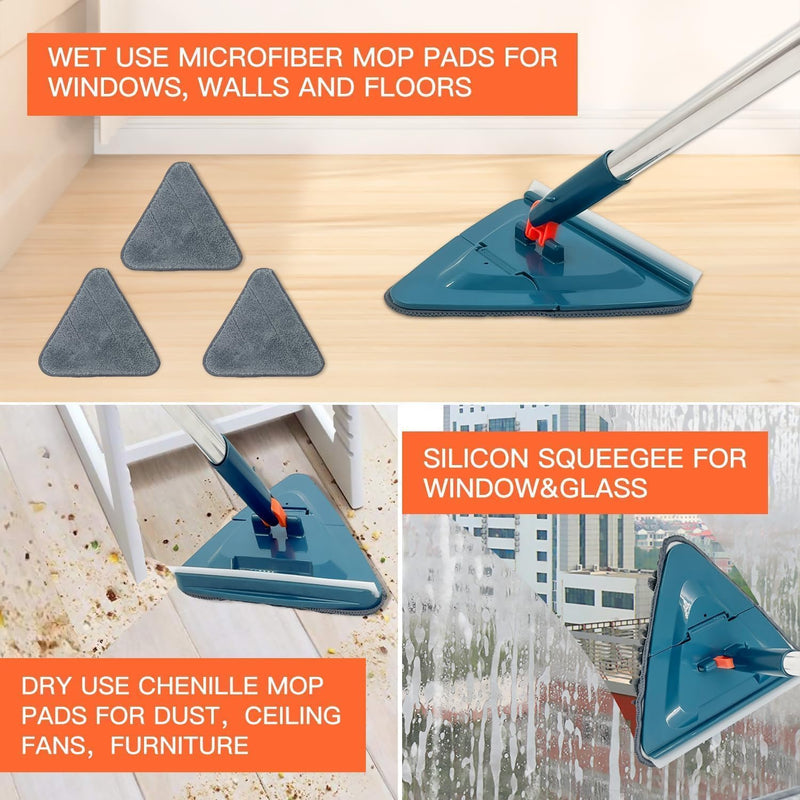 Triangle Mop - 360 Rotating Microfiber Triangle Head - Blue - For Floor, Wall, Ceiling, Window - Metal Handle