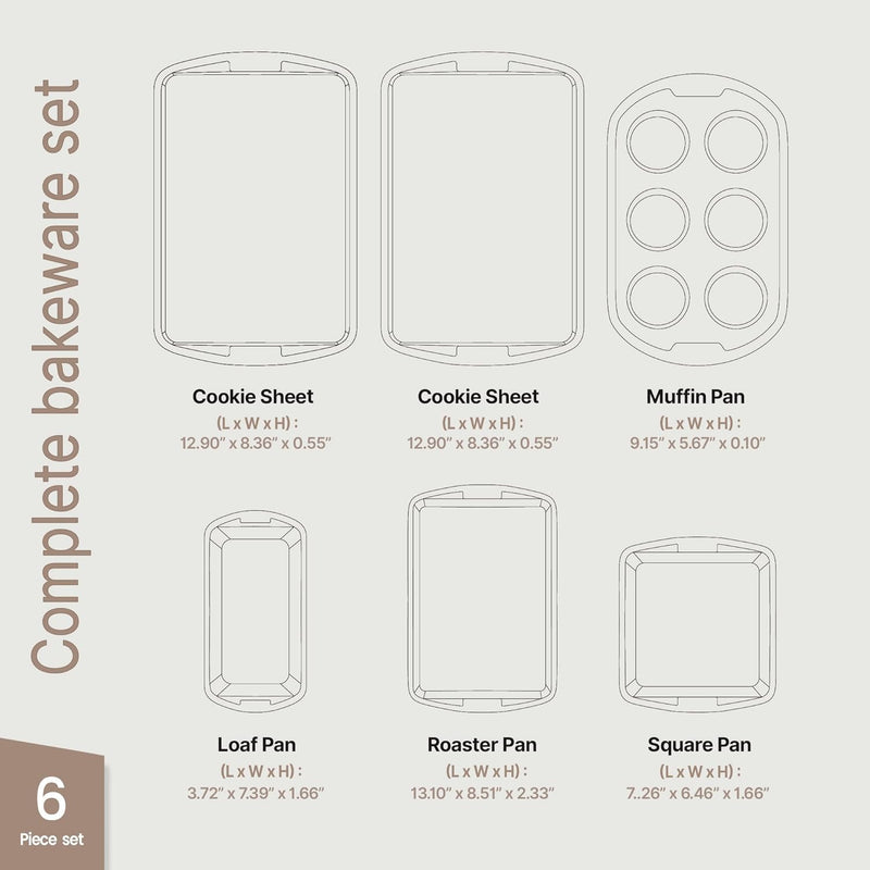 Bakeware Set 6 Piece Stackable, Deluxe, Non-Stick Baking Pans for Professional and Home Cooking Carbon Steel, Gray Stone Coating - 6 Piece Set Gray Marble