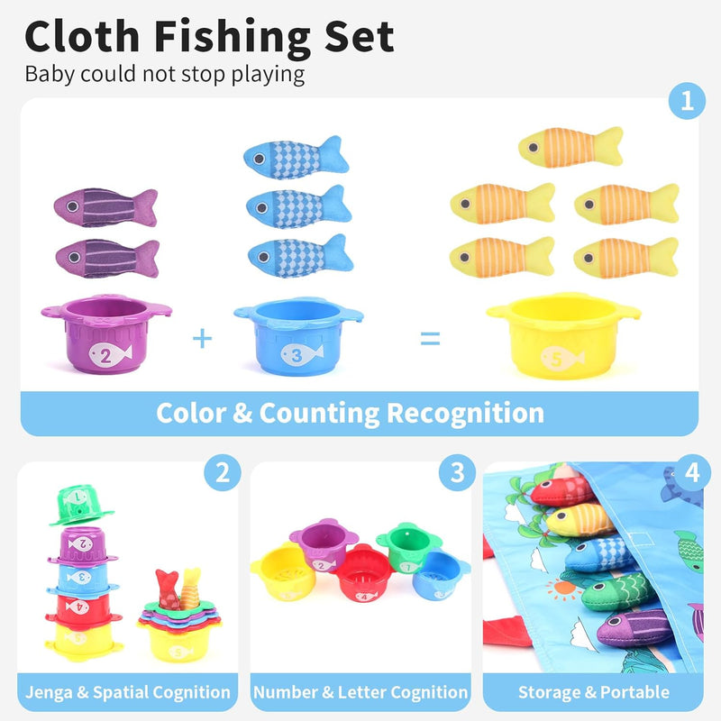 Jenilily Montessori Toys for 1 Year Old, Cloth Fishing Game, Boy Girls Toys Gifts, Baby Toys 6 to 12-18 Months, Baby Stacking Cups