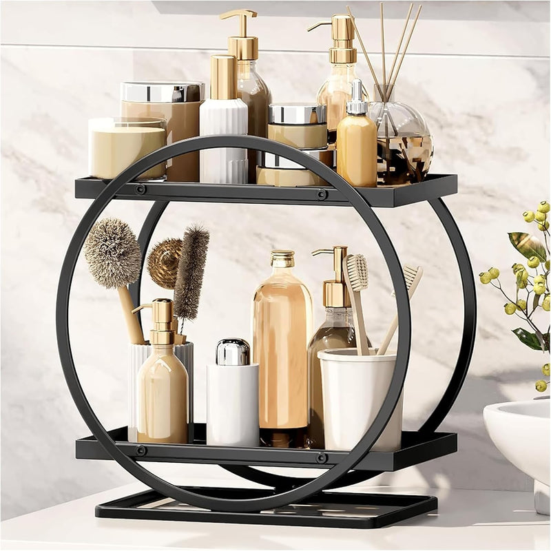 WEKOTEE Makeup Organizer for Vanity, Black Gold Perfume Organizer for Dresser- 2 Tier Skincare Organizers Bathroom Countertop Organizer, Make Up Counter Shelf Cosmetic Display Tray (55-02)