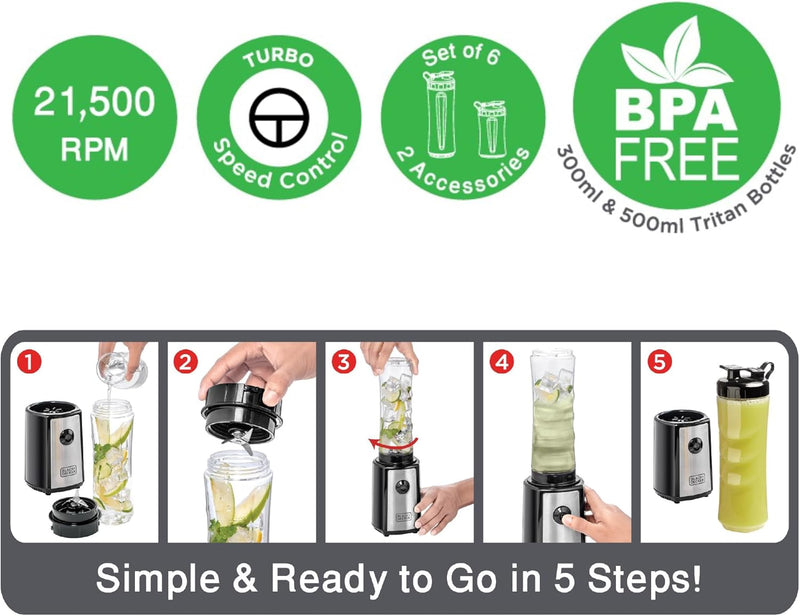 Black & Decker Sports Blender/Smoothie Maker, 300W, 6 Piece with 500ml & 300ml Sports Bottle, 21500 RPM with Turbo Speed, SS Blades to Pulverize Ice & Frozen Fruits, 2 years warranty, SBX300-B5
