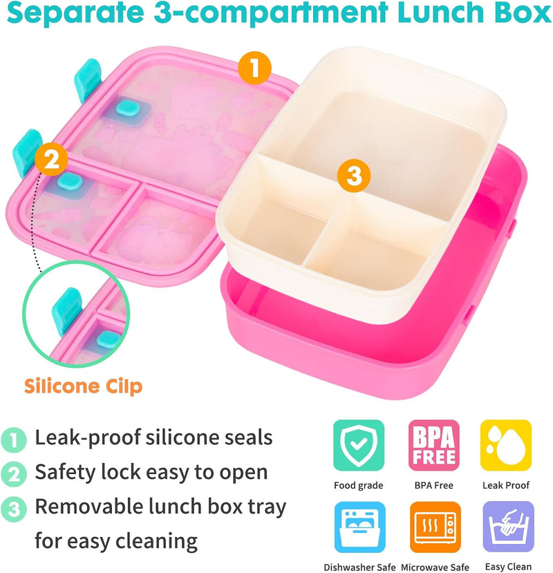 Cute Cartoon Bento Lunch Box for Kids, 800ml/27oz BPA-Free Leak-Proof Food Containers with 3 Compartments, Dishwasher Safe, Back to School Students Lunches Size for Ages 4-8