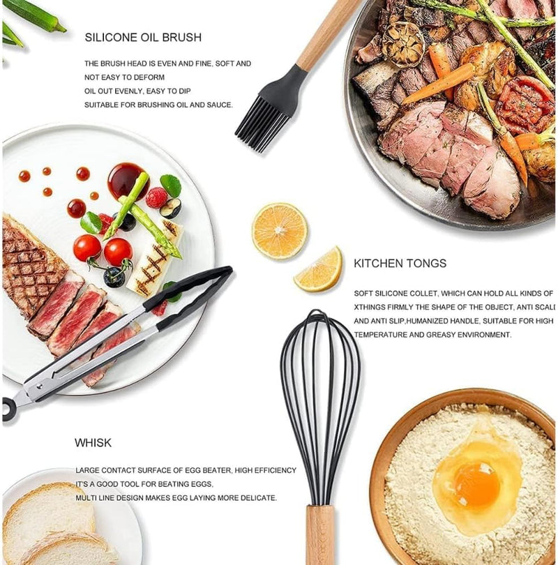 Sunnyrobby Kitchen Utensils Silicone 11-Pieces Spatula Set with Organizer Cup Holder, Non-Stick Cookware Non-Toxic Cooking Tools Includes Tongs, Spatula, Turner, Ladle, and More