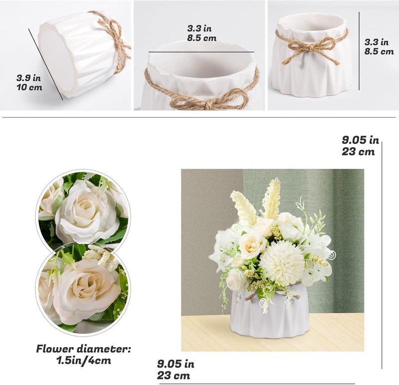 UCHUANG Fake Flowers with Vase, Artificial Roses Bouquet in Vase, Centerpiece Table Decorations for Coffee Table, Living Room, Dining Table, Office, Kitchen, Home Room Decor(White, with Glass Vase)