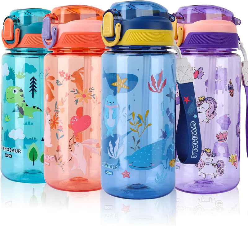 Kids Water Bottles With Straw,600ml Drinks Bottle for School,Leakproof Children's Bottle BPA free Tritan Sport Bottle for Girls Boys (Blue-Whale) - Blue-Whale