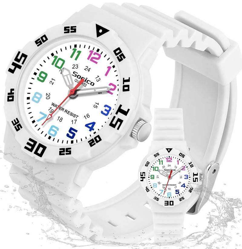 SOCICO Children Analog Watch for Boys Girls Waterproof Time Teaching Watch with Soft Band Learning Time Wrist Watch Easy to Read for Kids Great Gifts