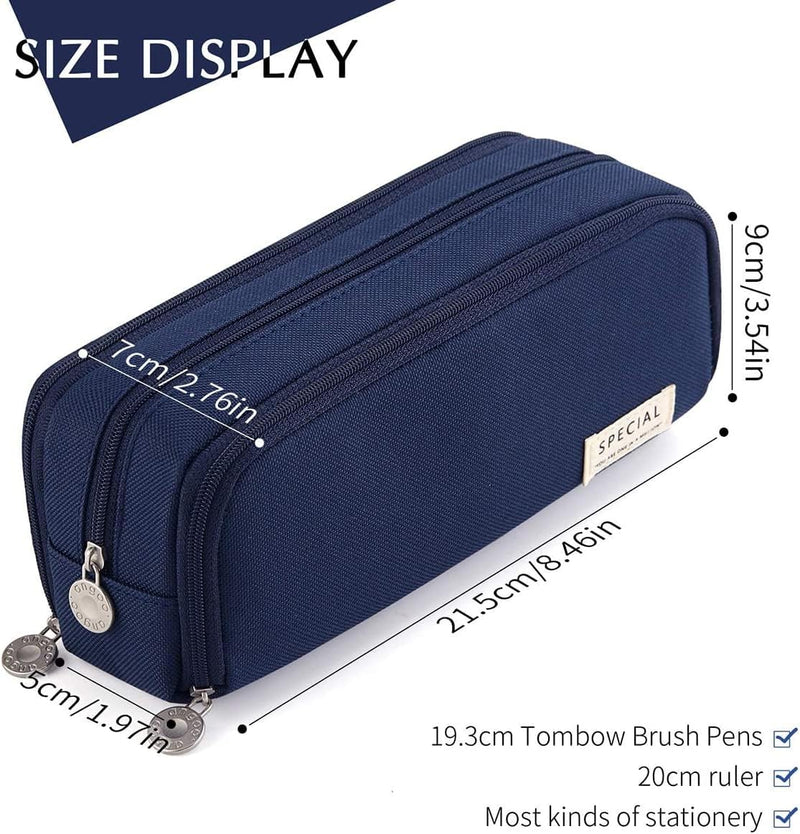 Bukela Large Capacity Pencil Case 3 Compartment Pouch Pen Bag for School Teen Girl Boy Men Women (Navy)