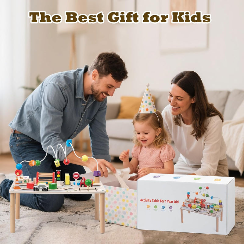 Montessori 7-in-1 Wooden Activity Table, Motor Skills Toy with Shape Sorter, Wooden Toy from 3 Years, Baby Play Table, Birthday Gifts for Boys and Girls from 36 Months