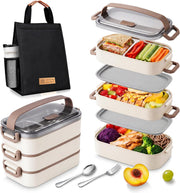 Stainless Steel Lunch Box: 1500ml 2 Layers 304 Microwave Safe Leakproof Bento Box - 3 Compartments Stackable Bento Lunch Box for Adults Students Office School Picnic (White, 2 Layers) - Khaki 3 Layers
