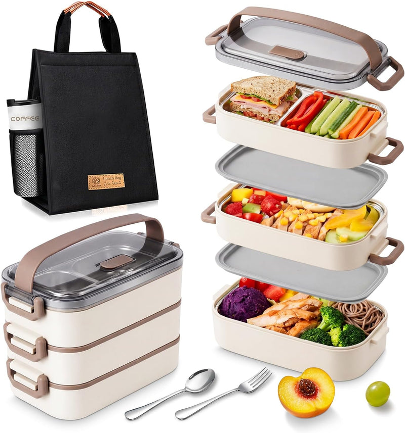 Stainless Steel Lunch Box: 1500ml 2 Layers 304 Microwave Safe Leakproof Bento Box - 3 Compartments Stackable Bento Lunch Box for Adults Students Office School Picnic (White, 2 Layers) - Khaki 3 Layers