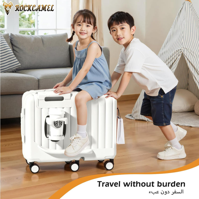 Kids Ride-On Suitcase, 20 Inch ABS Hard Shell Carry-On Case with Cup Holder & Side Hook & Phone Holder, 6 360 Silent Wheels, Build-in Password Lock, Fun Trunk Case for Air Travel, White