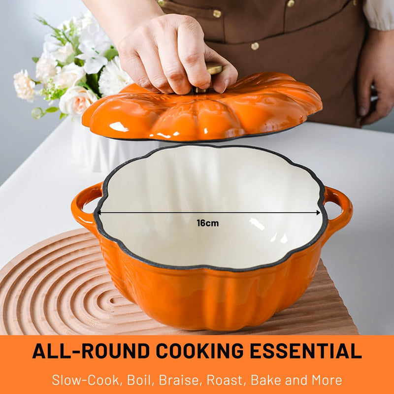 Stockpot with Lid, Enameled Cast Iron Dutch Oven, 1.5L Pot with Lid Two Handles, 16cm Heavy-Duty Cookware for Braising, Stews, Roasting, Bread Baking, Orange pumpkin