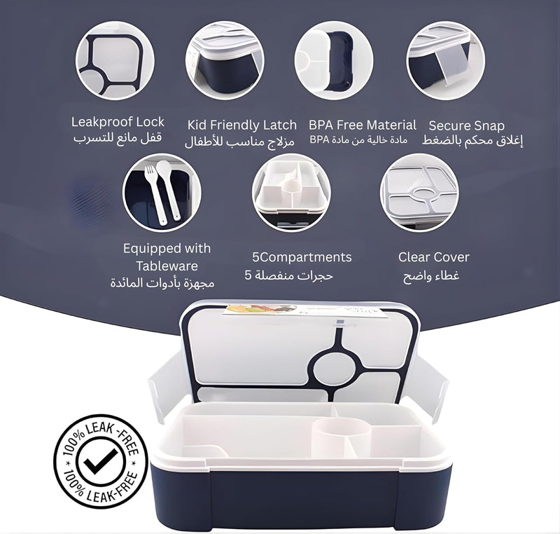Bento Lunch Box -Leakproof, BPA-Free, Airtight Tiffin with Spoon & Fork- 5 Compartments, 1100ml, Microwave Safe Bento Box For Kids & Adults - Ideal for School & Office (Blue)
