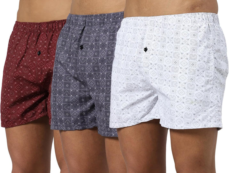 Men's Cotton Boxers, Printed Under Pant with Side Pocket, Go for once size up for better comfort - Pack of 3