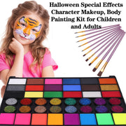 42-Color Oil-Based Face & Body Paint Kit - Professional Waterproof Makeup Palette with Glitter, Pearl & Fluorescent Shades + 10 Brushes & Mixing Palette - for Halloween, Cosplay & Carnival