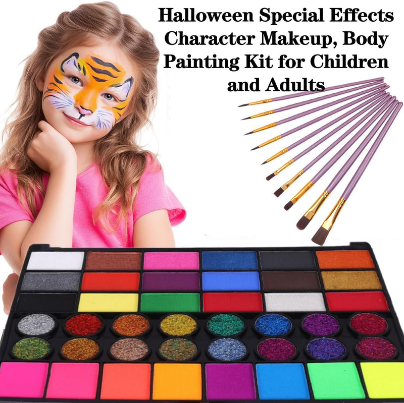 42-Color Oil-Based Face & Body Paint Kit - Professional Waterproof Makeup Palette with Glitter, Pearl & Fluorescent Shades + 10 Brushes & Mixing Palette - for Halloween, Cosplay & Carnival