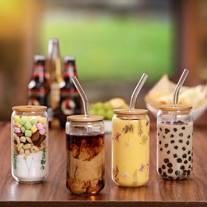 HOOJO Drinking Glasses with Bamboo Lids and Glass Straw 4pcs Set - 16oz Can Shaped Glass Cups, Iced Coffee Glasses, Cute Tumbler Cup, Ideal for Mocktails & Cocktails, Gift - 2 Cleaning Brushes (4)