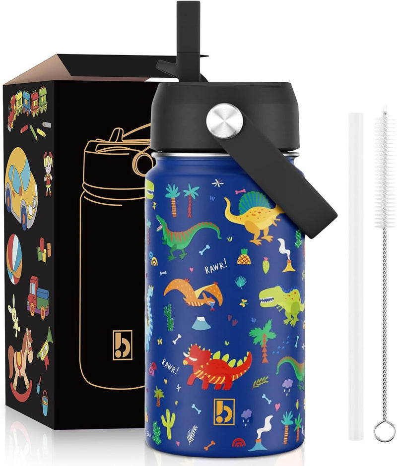 Kids Water Bottle 410ml Stainless Steel Hydro Flask Double Wall Insulated Thermos Bottle with Straw Lid BPA Free Cup Hot Cold Sports Toddler School Boys Girls 14oz (SPACE 410ML) - DINOSAUR BLUE