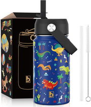 Kids Water Bottle 410ml Stainless Steel Hydro Flask Double Wall Insulated Thermos Bottle with Straw Lid BPA Free Cup Hot Cold Sports Toddler School Boys Girls 14oz (TRUCKS 410ml) - DINOSAUR BLUE